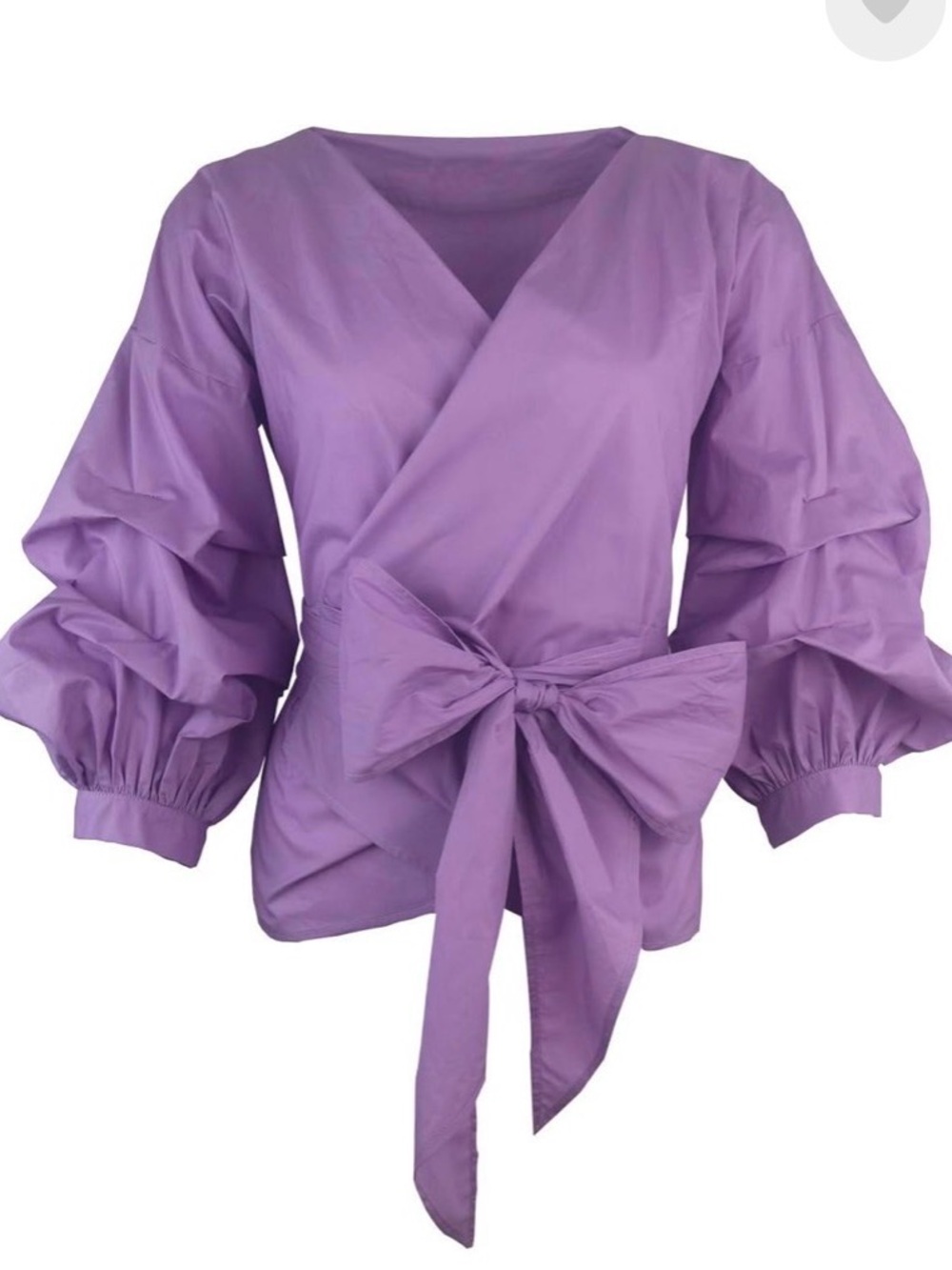 AOMEI Lavender Wrap Blouse with Tie Waist and Statement Sleeves